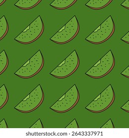 Repeating wedge slices of kiwi fruit in a hand-drawn, cartoon style. The design has a white background and evenly spaced diagonal alignment, ideal for packaging, textiles, or digital backgrounds.