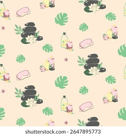 Repeating wellness and spa background with calming vector elements like stacked stones, towels, oils, candles and monstera leaves