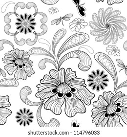 Repeating white floral pattern with carved flowers and dragonflies (vector)
