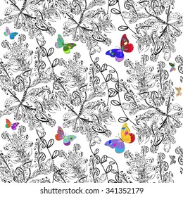 Repeating white floral pattern with vintage brown butterflies and doodles flowers. Vector illustrator.