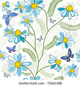 Repeating white floral pattern with white-blue flowers and butterflies (vector)