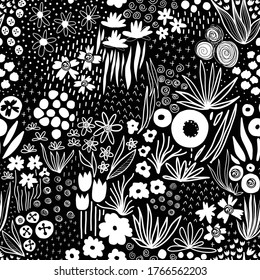 Repeating white liberty doodle flower meadow on black seamless vector background. Monochrome flower field pattern. Scandinavian style line art florals. For fabric, wallpaper, home decor