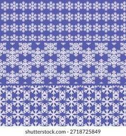 Repeating white snowflakes on vibrant blue background arranged in decorative horizontal sections with varied designs.