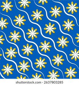 Repeating white-yellow floral pattern on rich blue background.