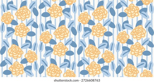 Ilustración de patrón floral de rosa salvaje repetida con colores azules y naranjas pastel suaves, que expresa sentimiento romántico y de primavera, adecuado para telas, Fondos de pantalla y fondos decorativos.