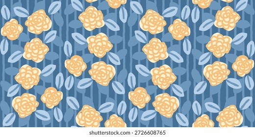 Ilustración de patrón floral de rosa salvaje repetida con colores azules y naranjas pastel suaves, que expresa sentimiento romántico y de primavera, adecuado para telas, Fondos de pantalla y fondos decorativos.