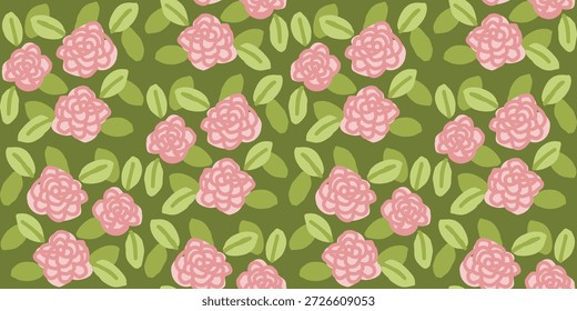 Ilustración de patrón floral de rosa salvaje repetida con colores suaves de color rosa pastel y verde, que expresa sentimiento romántico y de primavera, adecuado para telas, Fondos de pantalla y fondos decorativos.