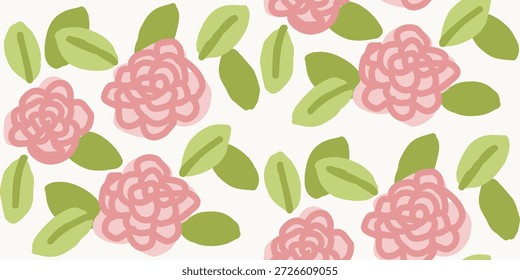 Ilustración de patrón floral de rosa salvaje repetida con colores suaves de color rosa pastel y verde, que expresa sentimiento romántico y de primavera, adecuado para telas, Fondos de pantalla y fondos decorativos.