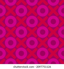 Repeating XOXO background in red and bright pink over purple background. Seamless and repeating. 