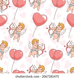 Repeat-less Cartoon Cupid With Balloons On White Heart Pattern Background.