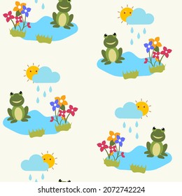 Repeat-less Cartoon Frog With Flowers And Sun Behind Rain Clouds On Beige Background.