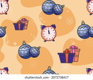 Repeat-less Christmas Balls Or Baubles With Gift Boxes And Countdown Clock On Pastel Orange Background.