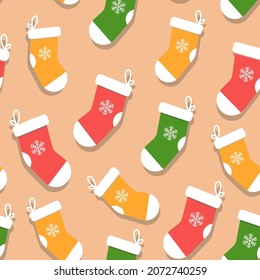 Repeat-less Colorful Woolen Socks With Snowflake On Pastel Brown Background.