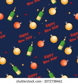 Repeat-less Happy New Year Font With Glossy Baubles And Champagne Bottles On Blue Background.