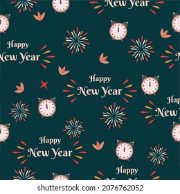 Tipo De Letra Feliz Año Nuevo, Sin Repetición, Con Reloj De Alarma Y Fuegos Artificiales En Fondo Verde.