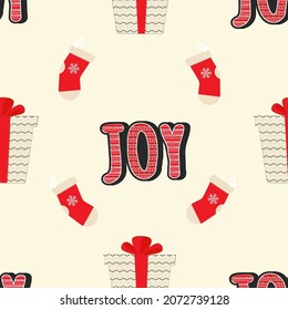 Repeat-less Joy Font With Woolen Socks And Gift Boxes On Pastel Yellow Background.