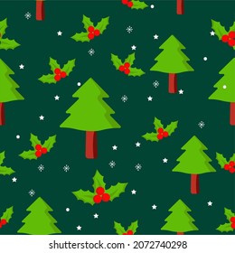 Repeat-less Xmas Tree With Holly Berries, Stars And Snowflakes On Green Background.