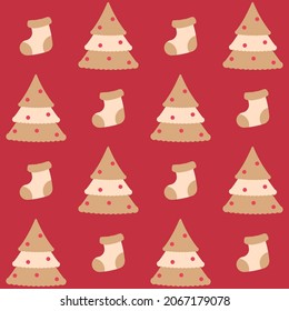 Repeat-less Xmas Tree And Socks On Red Background.