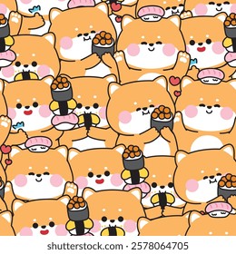 Repeat.Seamless of cute shiba inu dog with sushi is japanese food in various poses background.Pet animal cartoon.Image for card,sticker,baby clothing,print screen.Kawaii.Vector.Illustration.