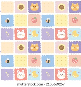 Repeat.Seamless pattern of cute animal in colorful rectangular on white background.Strawberry,moon,flower,rabbit,cat,bee cartoon hand drawn.Kawaii.Vector.Illustration.