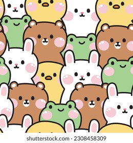 Repeat.Seamless pattern of cute animals background.Zoo.Chick,rabbit,frog,bear hand drawn.Imag for card,poster,baby clothing.Kawaii.Vector.Illustration.