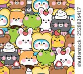 Repeat.Seamless pattern of cute animals in bakery mascot background.Penguin,rabbit,shiba inu dog,teddy bear,cat,frog hand drawn.Kawaii.Vector.Illustration.