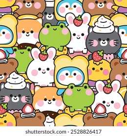 Patrón inconsútil de animales lindos en el fondo de la mascota de la panadería. Pingüino, conejo, perro shiba inu, oso de peluche, gato, rana dibujado a mano. Kawaii. Vector. Ilustración.