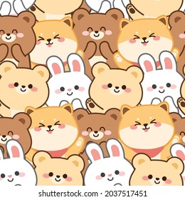 Repeat.Seamless pattern of cute animals cartoon background.Character design.Bear,dog,rabbit hand drawn.Image for wallpaper,banner,card,baby cloth,gift paper wrap.Kid graphic.Kawaii.Vector.Illustration