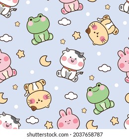 Repeat.Seamless Pattern Of Cute Animals Cartoon On Sky Background.Character Design.Rabbit,cat,cow,frog.Image For Wallpaper,banner,card,baby Cloth,gift Paper Wrap.Kid Graphic.Kawaii.Vector.Illustration