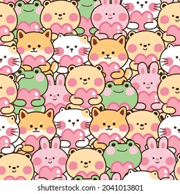 Repeat.Seamless pattern of cute animals hold heart cartoon background.Rabbit,cat,dog,frog.Character design.Image for wallpaper,banner,card,baby cloth,gift paper,kid product.Kawaii.Vector.Illustration