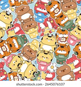 Repeat.Seamless pattern of cute animals on ice cream cone sticker background.Capybara.Giraffe.Fox.Tiger.Sweet and dessert.Apple,star,ball,flower.Animal character cartoon design.Kawaii.Vector.