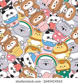 Repeat.Seamless padrão de animais fofos no fundo do adesivo de cone de sorvete.Koala.Sloth.Teddy panda urso.Monkey.Lion.Sweet e sobremesa.Rainbow,correio de papel do coração,borboleta,coração,banana.Animal cartoon.