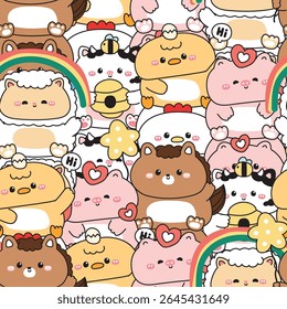 Repeat.Seamless pattern of cute animals on ice cream cone background.Cow.Sheep.Chicken and hen.Pig.Horse.Sweet and dessert.Honeycomb,rainbow,egg,heart,star.Animal character cartoon design.Kawaii.