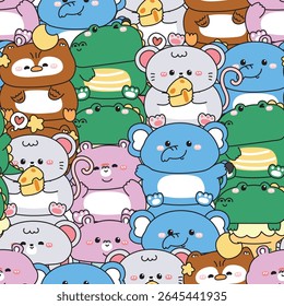 Repeat.Seamless pattern of cute animals on ice cream cone background.Hippopotamus.Elephant.Rat mouse.Crocodile.Owl.Sweet and dessert.Cheese,heart,moon,star.Animal cartoon design.Kawaii.