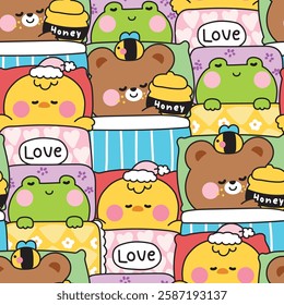 Repeat.Seamless pattern of cute animals sleeping on pillow and stay under blanket bed background.Chicken,teddy bear,frog hand drawn.Cartoon character.Night.Sleepy.Kawaii.Vector.Illustration.