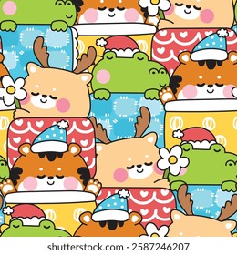 Repeat.Seamless pattern of cute animals sleeping on pillow and stay under blanket bed backgorund.Deer,tiger,crocodile hand drawn.Cartoon character.Night.Sleep.Kawaii.Vector.Illustration.