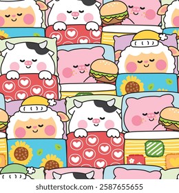 Repeat.Seamless pattern of cute animals sleeping on pillow and stay under blanket bed background.Cow,pig,sheep hand drawn.Cartoon character.Night.Sleep.Kawaii.Vector.Illustration.