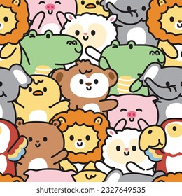 Repeat.Seamless pattern of cute animals in various poses and greeting background.Wild animal.Crocodile,lion,chick,sheep,parrot,bear,pig hand drawn.Kawaii.Vector.Illustration.