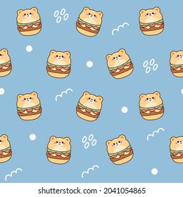 Repeat.Seamless pattern of cute bear hamburger cartoon on blue background.Character animal design.Image for wallpaper,banner,card,baby cloth,gift paper wrap.Kid graphic.Food.Kawaii.Vector.Illustration