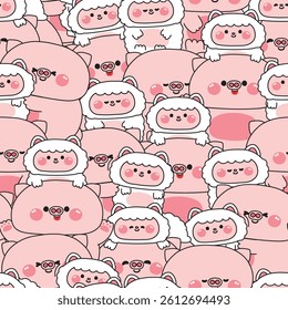 Repeat.Seamless pattern of cute big pig and tiny sheep stay together background.Friendship.Love.Farm animal character cartoon.Kawaii.Vector.Illustration.