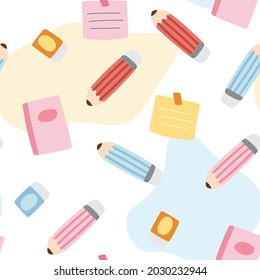 Repeat.Seamless pattern of cute cartoon in stationary concept.Pencil,note paper,rubber.Hand drawn.Doodle.Pastel.Kawaii.Image for baby cloth,screen,card,print,background.Kid graphic.Vector.Illustration