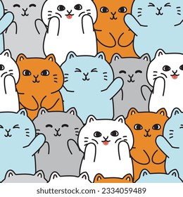 Repeat.Seamless pattern of cute cat cartoon in various poses background.Pet animal character design.Baby clothing.Kawaii.Vector.Illustration.