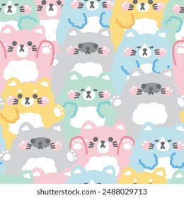 Repeat.Seamless pattern of cute cat doll in various poses background.Meow lover.Pet animal character cartoon design.Image for card,sticker,paper note,baby product.Kawaii.Vector.Illustration.