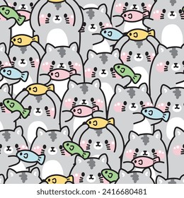 Repeat.Seamless pattern of cute cat with fish in various poses background.Pet animal character cartoon design.Meow lover.Image for card,poster,baby clothing.Kawaii.Vector.illustration. 