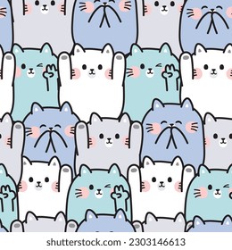 Repeat.Seamless pattern of cute cat greeting cartoon background.Pastel color.Meow lover.Image for card,poster,pet shop,baby clothing.Kawaii.Vector.Illustration.