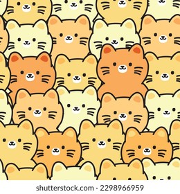 Repeat.Seamless pattern of cute cat sticker in orange color cartoon background.Animal pet character design.Meow lover.Kawaii.Vector.Illustration.