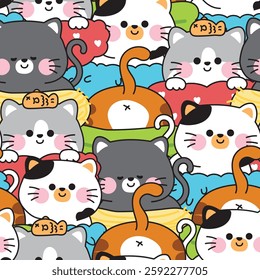 Repeat.Seamless pattern of cute cat in various poses stay in pet nest background.Meow.Pet animal character cartoon design.Kawaii.Vector.Illustration.