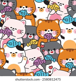 Repeat.Seamless pattern of cute cats with fish in various poses background.Meow.Kitten.Pet animal character cartoon.Image for card,sticker,baby clothing,print screen.Kawaii.Vector.Illustration.