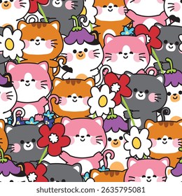 Repeat.Seamless pattern of cute cats with various flower background.Spring.Nature.Meow.Kitten.Pet animal character cartoon design.Kawaii.Vector.Illustration.