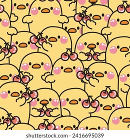 Repeat.Seamless-Muster von süßen Huhn mit Kirsche in verschiedenen Posen Hintergrund.Farm Animal Charakter Cartoon Design.Kid Grafik.Fruit.Baby Bekleidung.Kawaii.Vector.Illustration. 